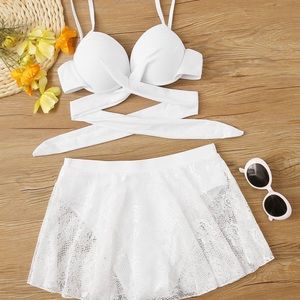 SHEIN White Wrap Underwired Lace Bikini Swimsuit